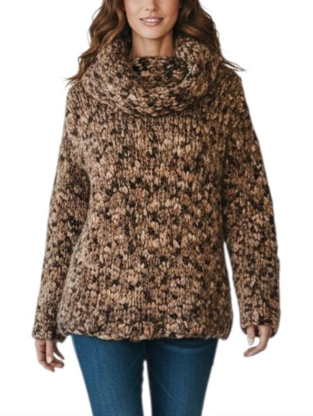 Nine West 100% Wool Chunky Cowl Neck Sweater Brown Speckled Cozy Pullover